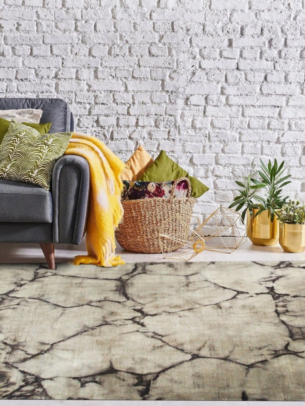 Gray Beige Hand Knotted Wool Area Rug 4' x 6' Abstract Marble Modern